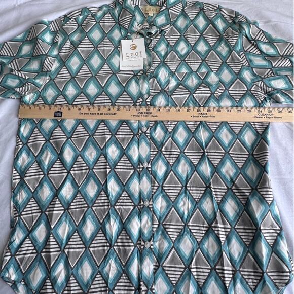 LUCI Women’s Button 100% Tencel Art wear Geometric Shirt Large Hand block design - Picture 10 of 10